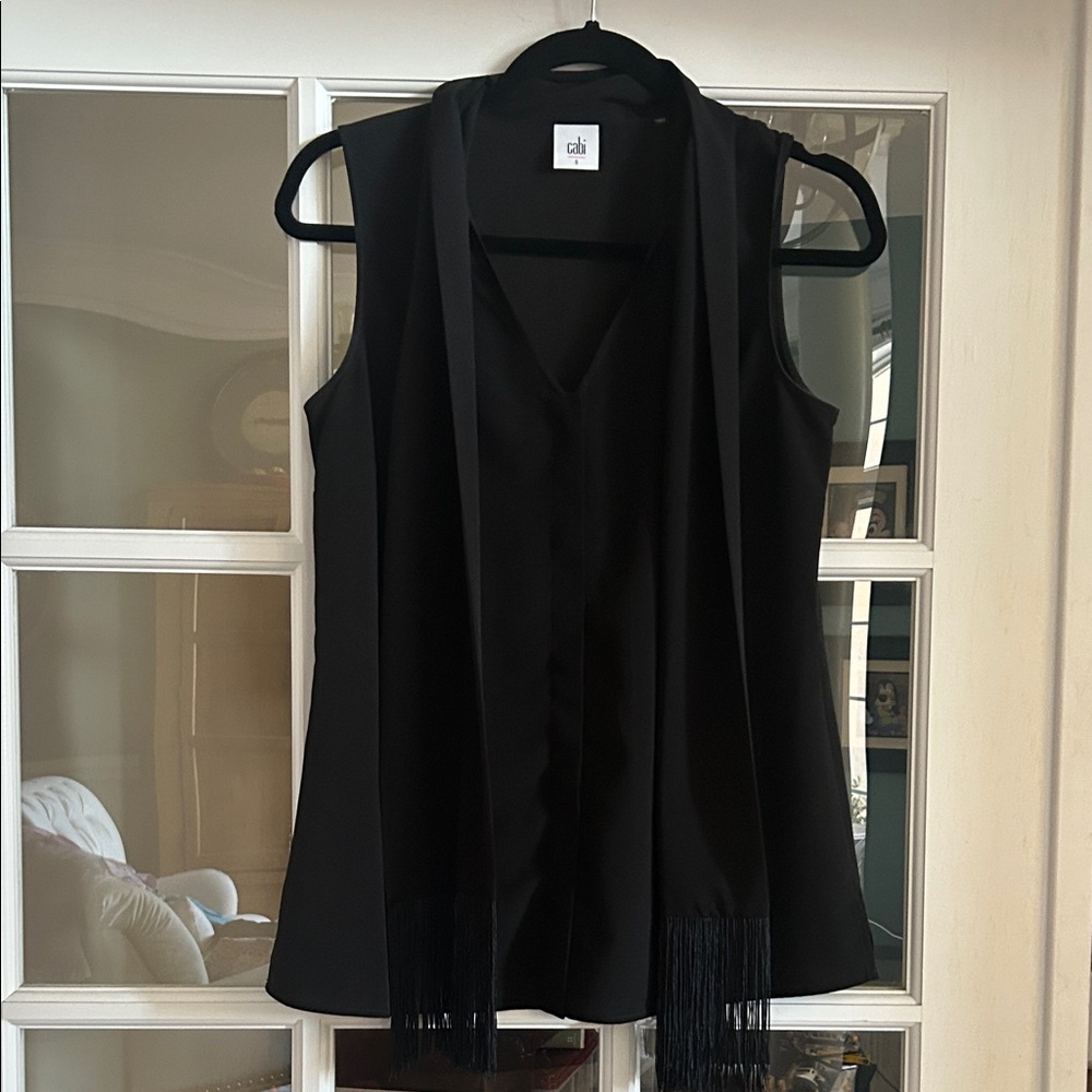 CAbi Black Sleeveless Fringe Top